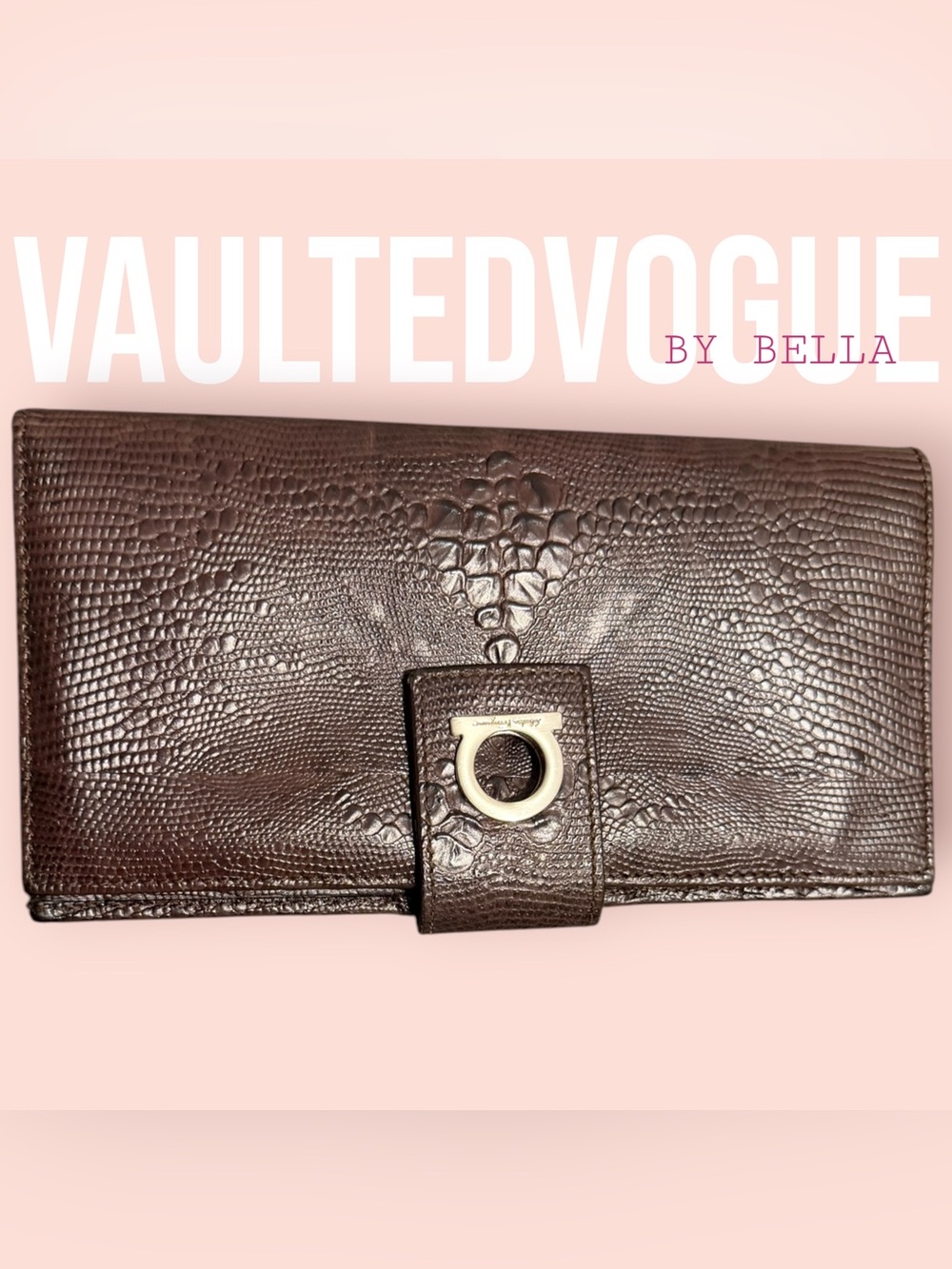 Vintage Salvatore Ferragamo Gancini Brown Lizard Embossed Leather Wallet